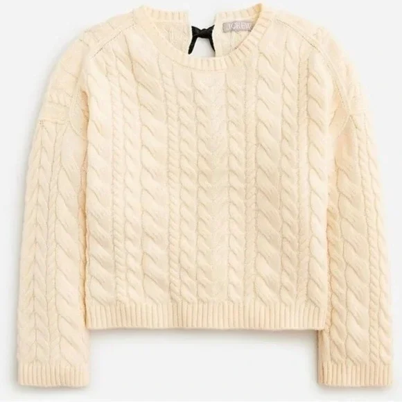 J Crew Tie Back Cable Knit Sweater Small Cream Wool Pullover Fisherman Preppy - Picture 1 of 12